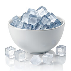 White Ceramic Bowl Overflowing with Clear Crystal Ice Cubes Isolated on White