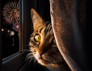 Scared Tabby Cat Hiding Behind Curtain During Fireworks Celebration 
&Auml;ngstliche Getigerte Katze versteckt sich hinter Vorhang w&auml;hrend Feuerwerk 