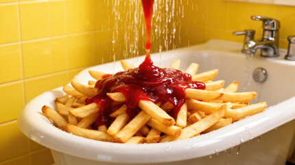 Whimsical French Fries Bathing in Ketchup in a Yellow Bathroom Sink - Playful Food Humor Against Bright Tiles