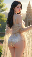 Elegant White and Gold One-Piece Swimsuit Model in Lace Shawl, Serene Garden Setting with Ornate Architecture and Green Jewelry, Graceful Beauty