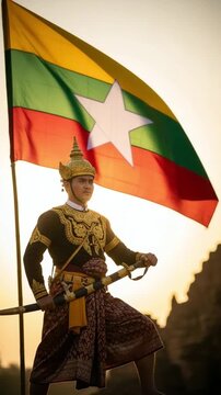 Traditional Myanmar Warrior in Historical Attire Holding National Flag at Sunset