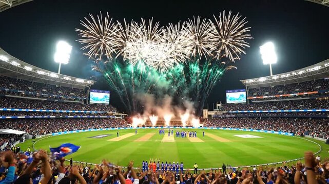 P347-Celebrate the excitement of cricket with this vibrant stadium scene featuring a lush field bright 4K 10s