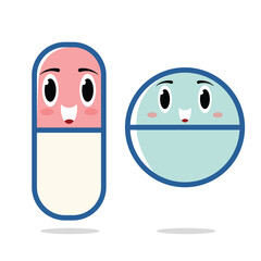 Cute Kawaii Pills Vector Pastel Colored Flat Style Medical Illustration, Hand-Drawn Cartoon Medicine Icons for Healthcare, Pharmacy, Treatment, Kids Design, and Health Theme