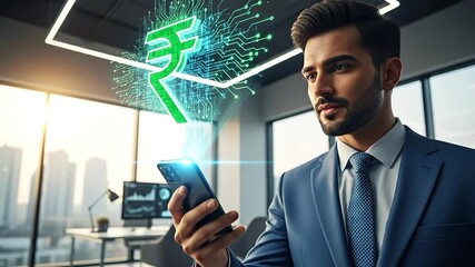 Young businessman in a modern office interacting with a glowing digital Indian Rupee currency symbol projected from his smartphone, representing digital finance and technological innovation. - Powered by Adobe