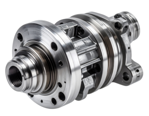 Complex mechanical assembly made of shiny metal with multiple parts and precision design