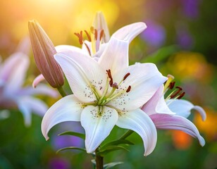 Close-up of delicate white and pink lilies basking in sunlight