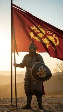 Historical Asian Warrior in Armor Holding a Dragon Flag with Shield in a Desert Landscape
