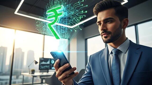 Young businessman in a modern office interacting with a glowing digital Indian Rupee currency symbol projected from his smartphone, representing digital finance and technological innovation.