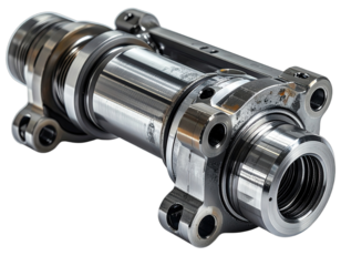 Polished metal industrial component, showing various angles, threads, bolts and intricate design