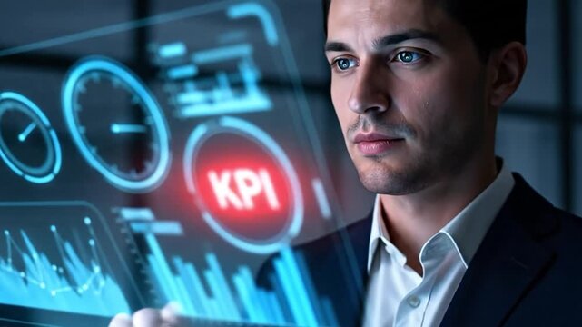 Young adult businessman analyzing holographic KPI data and performance metrics on a futuristic digital display, leveraging advanced technology for business intelligence and analytics
