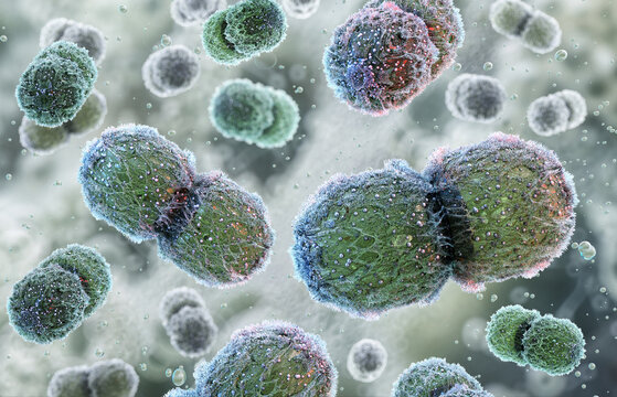Vancomycin-resistant Enterococcus (VRE) bacteria. 3D illustration of pathogenic Gram-positive diplococci. Superbug, antibiotic resistance, sepsis, hospital-acquired healthcare-associated infections