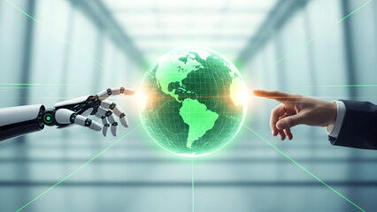 Human and robotic hand touching with glowing green earth globe in modern room with futuristic atmosphere and technology concept