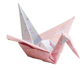 This decorative crane is crafted from colorful paper, showcasing unique patterns and shapes. It stands alone against a transparent background, perfect for various design uses