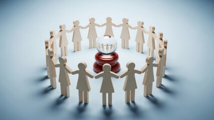 Wooden figures holding hands around a crystal ball on blue surface.