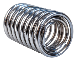 Gleaming, tightly coiled metal spring isolated on black, reflecting light. 3D-rendered