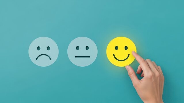 Hand selecting happy face from rating scale on blue background. - Powered by Adobe