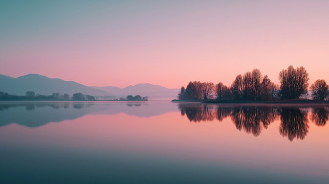 Wide minimalist lake landscape panorama with mirror-like water reflection, soft morning light, gentle pastel sky, peaceful empty composition with copy space