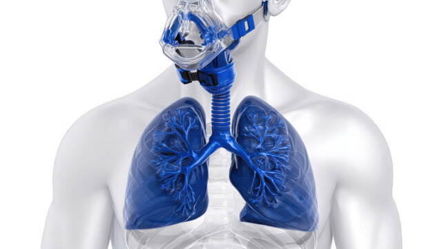 Medical 3d rendering of inflamed human upper respiratory system showing airway obstruction, highlighting trachea and lungs, on transparent background