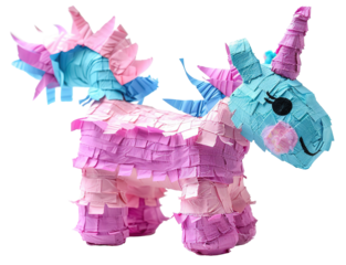 This bright, cut-out unicorn piñata features vibrant colors with layers of paper. Ideal for birthday parties, it adds a fun touch to any celebration, standing on a transparent background
