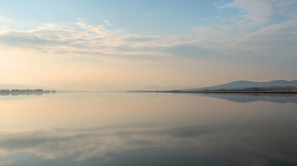 Obraz premium Wide minimalist lake landscape panorama with mirror-like water reflection, soft morning light, gentle pastel sky, peaceful empty composition with copy space