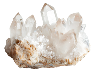 This quartz crystal chunk displays sharp, transparent formations atop a textured base. The clean, soft white background enhances the crystal's natural beauty and shine