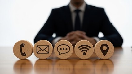 Wooden contact icons displayed before a blurred professional person.