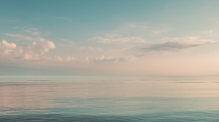 Fototapeta premium Wide minimalist ocean landscape panorama with calm water surface and soft cloudy sky, gentle natural light, subtle pastel tones, peaceful mood, clean composition with large copy space