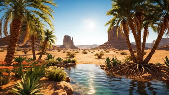 A tropical oasis landscape featuring palm trees by a desert pool and a summer beach resort view with sand, sea, and sky