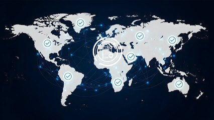 Global network connections on a world map with icons and blue lights on a dark background