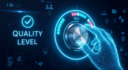 Hand adjusting quality level setting to maximum on futuristic interface