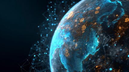 Glowing digital representation of Earth, showcasing interconnected networks. Abstract blue and orange lights overlay the globe