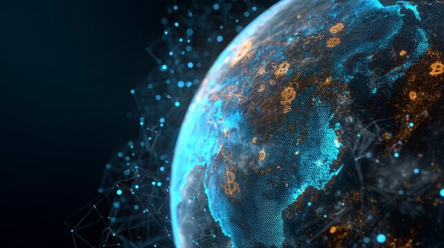 Glowing digital representation of Earth, showcasing interconnected networks. Abstract blue and orange lights overlay the globe - Powered by Adobe