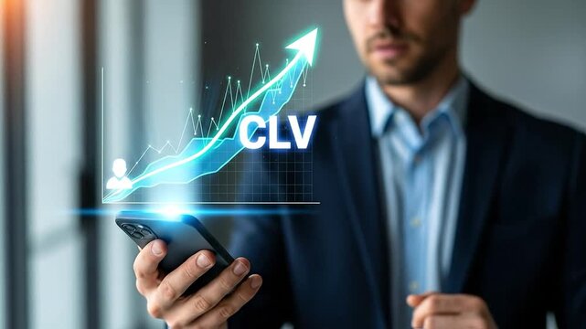 Businessman interacting with a holographic projection of a rising CLV graph on a smartphone, symbolizing customer lifetime value growth and business success