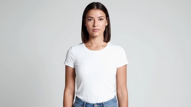 Brunette woman poses in a blank t-shirt