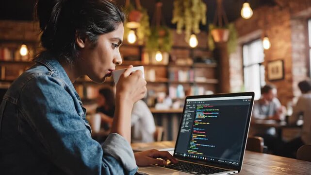 Woman coding on laptop in coffee shop, drinking coffee, working remotely.
