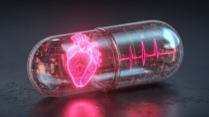 A medical concept featuring a transparent capsule encasing a glowing red, wireframe heart with a pulsating heartbeat waveform