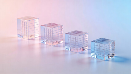 3D Render of Transparent Glass Cubes in Ascending Sequence &ndash; Concept for Blockchain Technology, Data Blocks, Growth, and Systematic Progress
