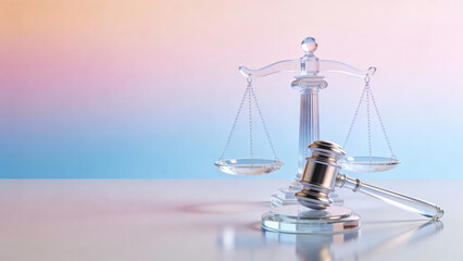 3D Render of Crystal Scales of Justice and Wooden Gavel &ndash; Legal Concept for Courtroom Trials, Judicial Authority, and Law Enforcement