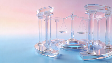 3D Render of Crystal Glass Scales of Justice and Law Columns &ndash; Concept for Legal System, Judicial Ethics, and Modern Corporate Law