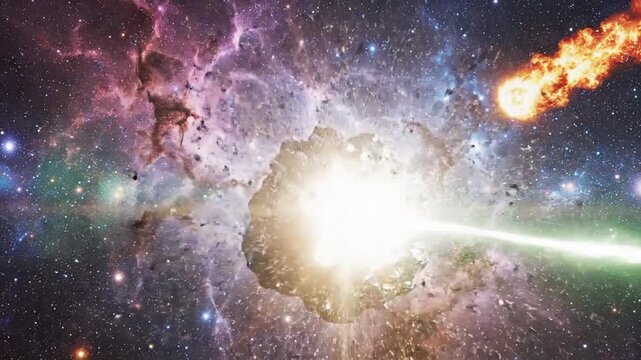 P328-Space abstract background burning comet flash laser through the stone bright colors 4K 10s