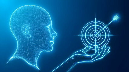A glowing blue digital illustration of a human head and hand holding a target with an arrow