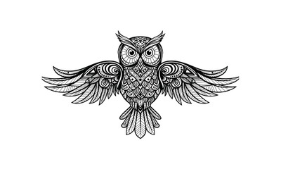 Obraz premium Intricate Zentangle Owl with Spread Wings Detailed Black and White Illustration.
