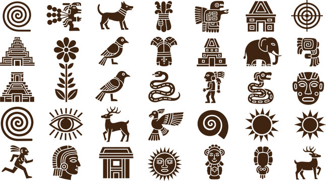 PrintAncient Aztec and Mayan symbols vector illustration set featuring tribal deities animals pyramids sun signs and ethnic ornaments isolated on white background for history
