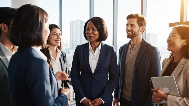 P321-A diverse and smiling business team led by a confident chief stands together indoors. 4K 10s - Powered by Adobe