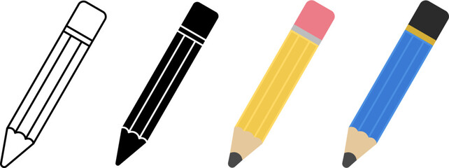 Set of pencil icons in outline, solid and flat color style. Education and writing symbol isolated on white background. Perfect for school, learning, UI, app and infographic design.