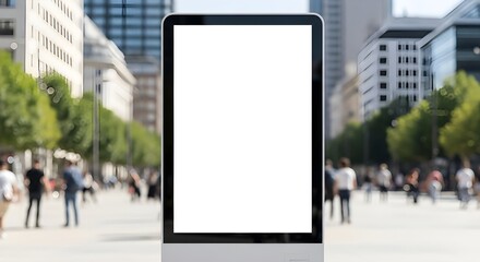 Digital screen displaying urban street scene with pedestrians and modern buildings in daylight