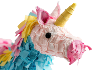 Bright unicorn piñata crafted with colorful paper tassels features a pink and blue body, a golden horn, and black eyes, perfect for festive celebrations