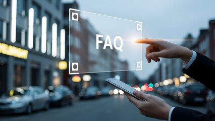 Person interacting with faq interface on smartphone in city street at dusk with digital overlay