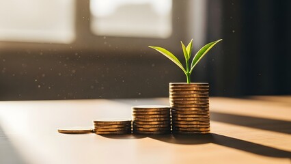 Stacks of gold coins with growing plant on top symbolizing financial growth