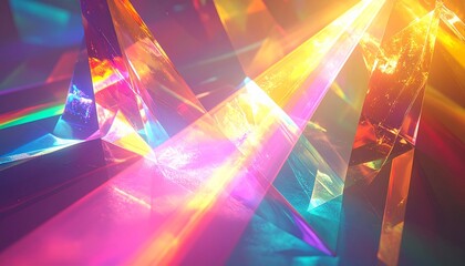 Vibrant fractured glass shards refracting rainbow light in abstract futuristic composition